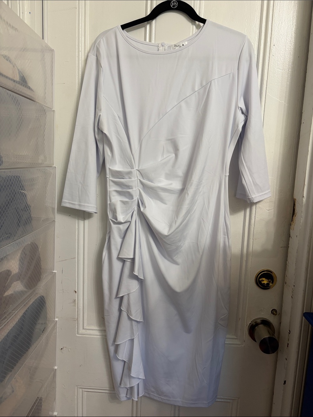 Elegant White Ruched Midi Dress with Cascade Ruffle